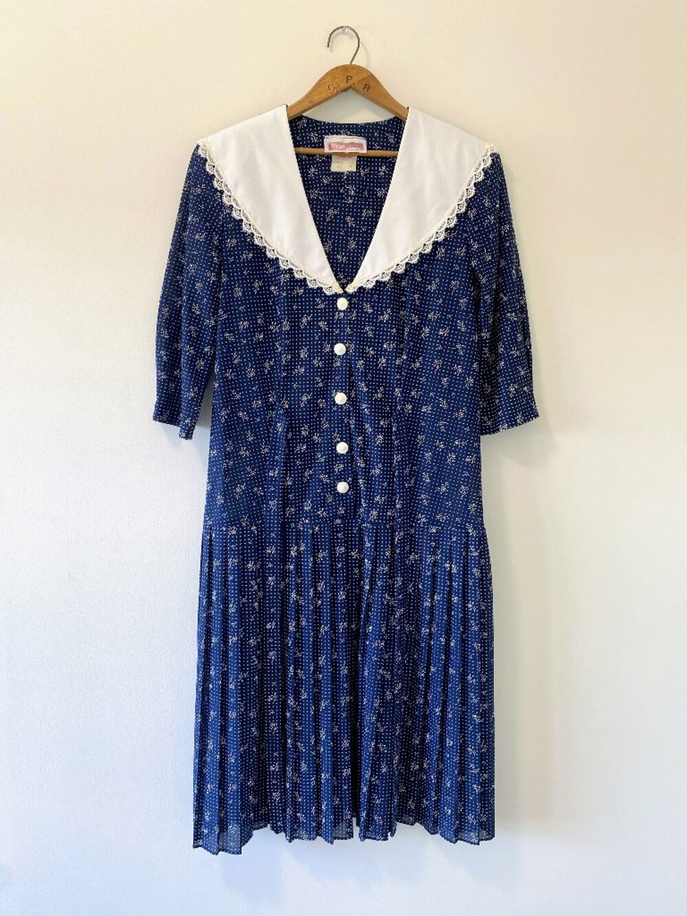 Vintage Navy Blue Floral Drop Waist Pleated Shirt Dress / 80s / Made in Canada